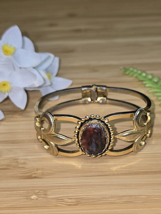 Jewelry - Gold-Tone Brown Stone Floral Cuff Bracelet